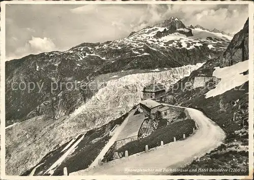 Rhonegletscher Glacier du Rhone mit Furkastrasse und Hotell Belvedere Kat. Rhone