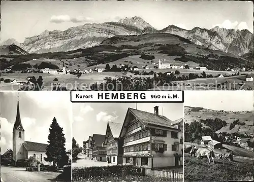 Hemberg SG Kurort Kirche Ortspartie Kuehe Gesamtansicht mit Alpenpanorama / Hemberg /Bz. Toggenburg