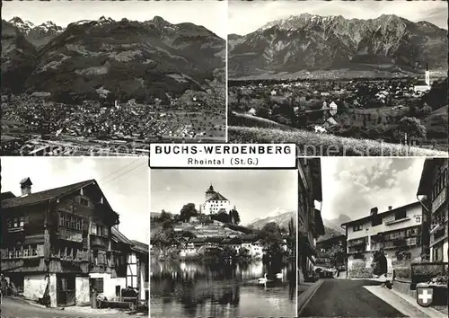 Werdenberg Gesamtansicht mit Alpenpanorama Schloss Rhein Strassenpartie Kat. Werdenberg