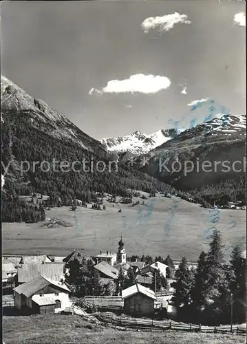 Madulain Ortsansicht mit Kirche Alpenpanorama Kat. Madulain