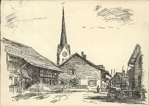 Wuelflingen Winterthur Hinterdorf Kirche Kuenstlerkarte Federzeichnung P. v. Moos Kat. Winterthur