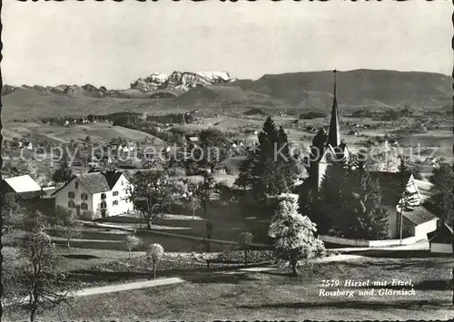 Hirzel Horgen Ortsansicht mit Kirche Blick zum Etzel Rossberg und Glaernisch Kat. Hirzel