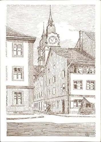 Winterthur Pfarrgasse und Stadtkirche Kuenstlerkarte Kat. Winterthur