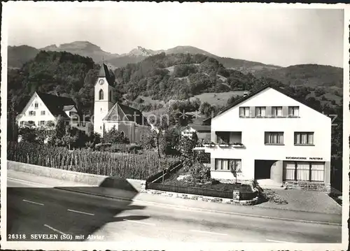 Sevelen Werdenberg Ortsansicht mit Kirche und Alvier Kat. Sevelen