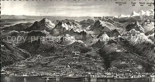 Montreux VD Genfersee und die Alpen Vogelperspektive / Montreux /Bz. Vevey