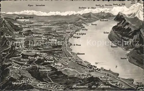 Lac Leman Genfersee Panorama mit Alpen aus Vogelperspektive Reliefkarte / Genf /Bz. Geneve City