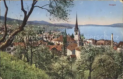 Horgen ZH Ortsansicht mit Kirche Zuerichsee Baumbluete / Horgen /Bz. Horgen