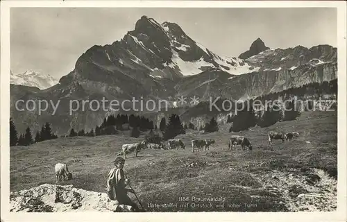 Braunwald GL Alp Unterstaffel mit Ortstock und hoher Turm Kuhherde Hirte Kat. Braunwald