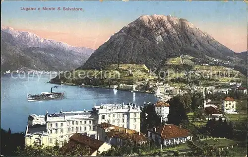 Lugano TI Lago die Lugano Haeuser am Ufer Dampfer Monte San Salvatore Kat. Lugano