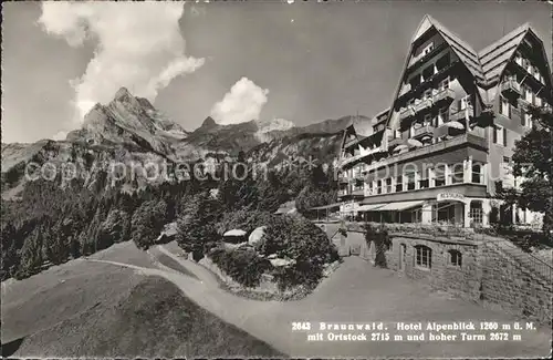 Braunwald GL Hotel Alpenblick mit Ortstock hoher Turm Kat. Braunwald