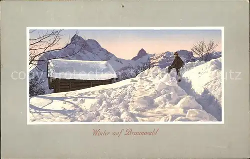Braunwald GL Wanderer im tiefen Schnee Berghuette Kat. Braunwald