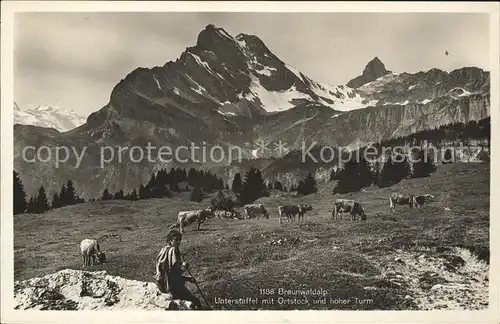 Braunwald GL Alp Unterstaffel mit Ortstock hoher Turm Kat. Braunwald