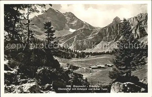 Braunwald GL Braechalp Oberstaffel mit Ortstock und hoher Turm Kat. Braunwald