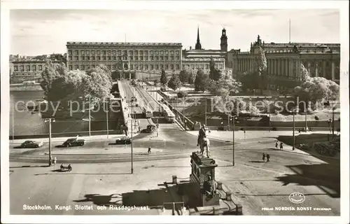 Stockholm Kungl Slottet och Riksdagshuset Schloss Reiterdenkmal Bruecke Kat. Stockholm