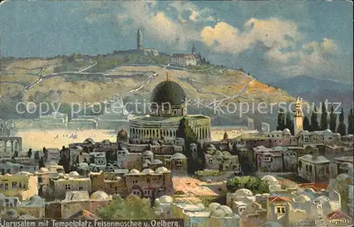 Jerusalem Yerushalayim mit Tempelplatz Felsenmoschee Oelberg Kuenstlerkarte Kat. Israel