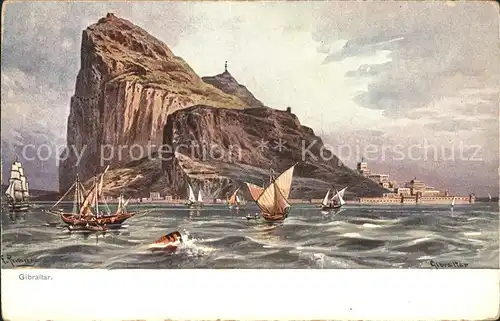 Gibraltar Felsen Meerenge Boote Kuenstlerkarte Kat. Gibraltar