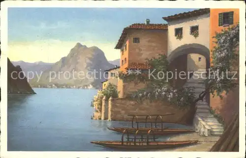 Gandria Lago di Lugano Kuenstlerkarte Haeuser am See Boote Serafino Giambonini Kat. Gandria