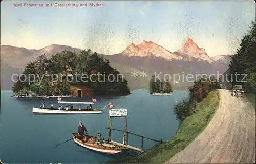 Insel Schwanau mit Gessierburg und Mythen Auto Boote Kat. Lauerz