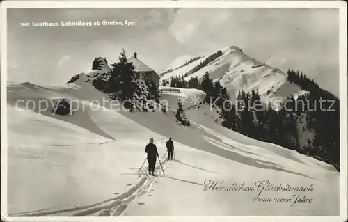 Gonten Gasthaus Scheidegg Skifahrer Neujahrskarte Kat. Gonten