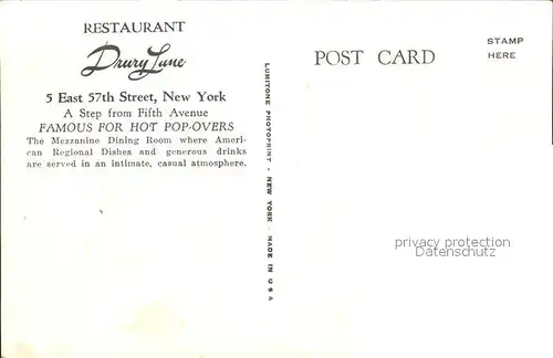 New York City Restaurant Drury Lane Mezzanine Dining Room  / New York /