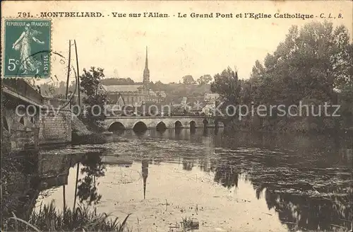 Montbeliard Vue sur l Allan Grand Pont Eglise Catholique Stempel auf AK Kat. Montbeliard