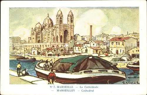 Marseille Cathedrale Bateau Peinture Kuenstlerkarte Kat. Marseille