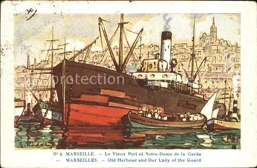 Marseille Vieux Port Notre Dame de la Garde Vapeur Peinture Kuenstlerkarte Kat. Marseille