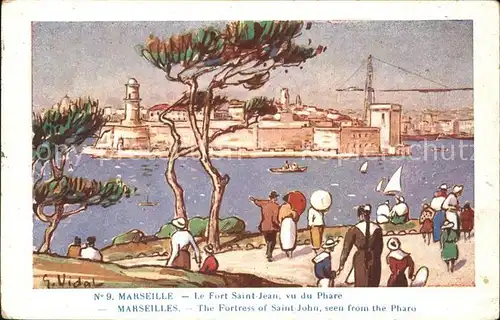 Marseille Fort Saint Jean vu du Phare Peinture Kuenstlerkarte Kat. Marseille