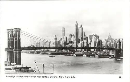 New York City Brooklyn Bridge Lower Manhatten Skyline / New York /
