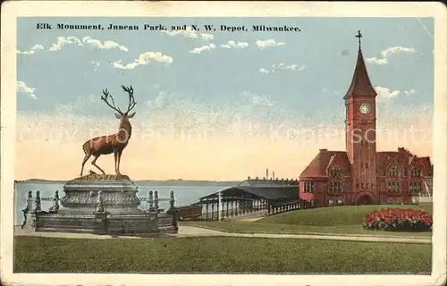 Milwaukee Wisconsin Elk Monument Juneau Park NW Depot Kat. Milwaukee