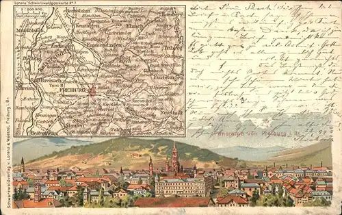 Freiburg Breisgau Landkarte Litho / Freiburg im Breisgau /Breisgau-Hochschwarzwald LKR