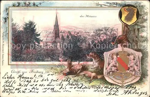 Freiburg Breisgau Wappen Muenster Jagd Reh Auerhahn Jagdhund Litho / Freiburg im Breisgau /Breisgau-Hochschwarzwald LKR