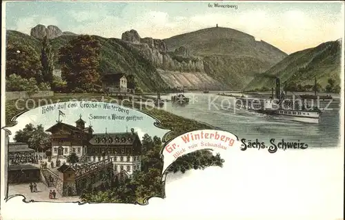 Bad Schandau Blick zum Grossen Winterberg Hotel Elbe Dampfer / Bad Schandau /Saechsische Schweiz-Osterzgebirge LKR
