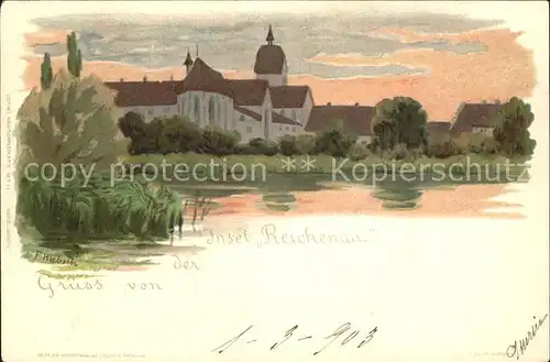 Insel Reichenau Ansicht vom See aus Kirche Kuenstlerkarte Huebsch Reichspost / Reichenau /Konstanz LKR