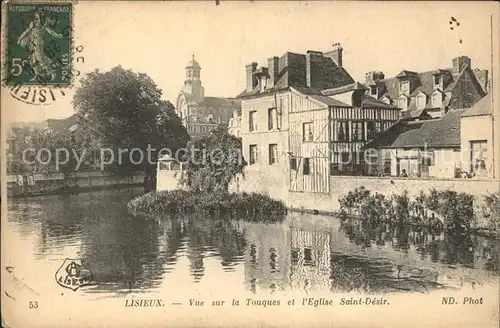 Lisieux Vue sur la Touques et Eglise Saint Desir Stempel auf AK Kat. Lisieux