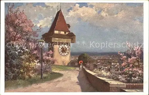 Graz Steiermark Uhrturm Baumbluete Kuenstlerkarte Nr. 7012 Kat. Graz