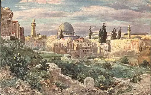 Jerusalem Yerushalayim Omar Moschee Blick vom Moghrebiner Tor Kuenstlerkarte Kat. Israel