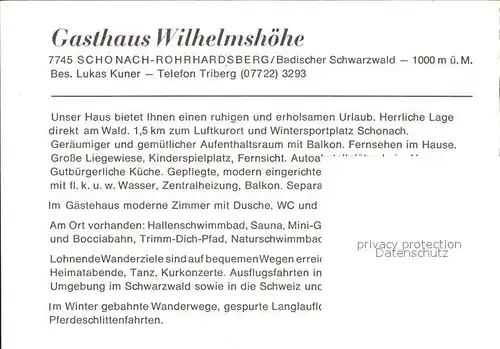 Schonach Schwarzwald Gasthaus Wilhelmshoehe Kat. Schonach im Schwarzwald