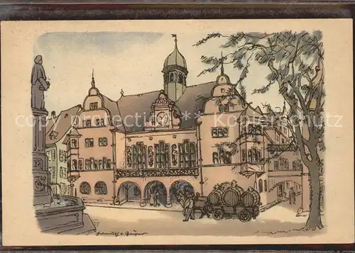 Freiburg Breisgau Rathaus Zeichnung H. v. Geyer  Kat. Freiburg im Breisgau