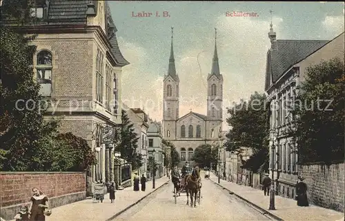 Lahr Schwarzwald Schillerstrasse mit Kirche Pferdekutsche Kat. Lahr