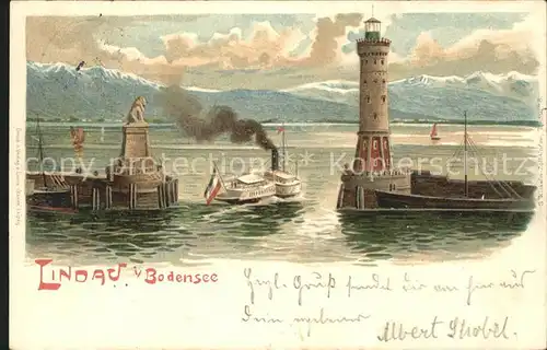 Lindau Bodensee Hafeneinfahrt mit Leuchtturm und Dampfschiff Kat. Lindau (Bodensee)
