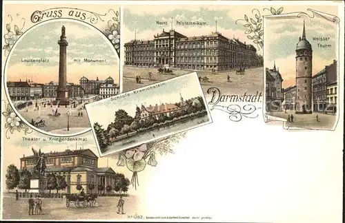 Darmstadt Louisenplatz Monument Polytechnikum Theater Litho Kat. Darmstadt