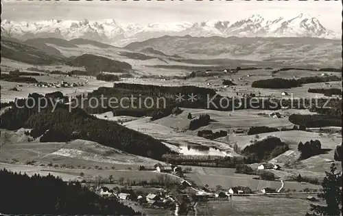 Grossholzleute Panorama mit Hengelesweiher und Saentisgruppe Kat. Isny im Allgaeu
