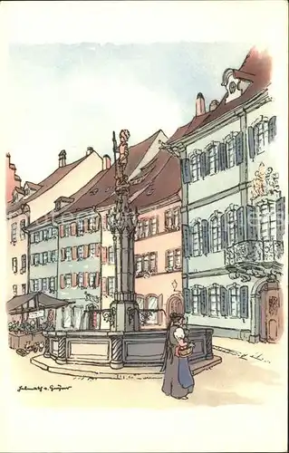 Freiburg Breisgau Gotischer Brunnen Originalzeichnung von H. v. Geyer Kat. Freiburg im Breisgau