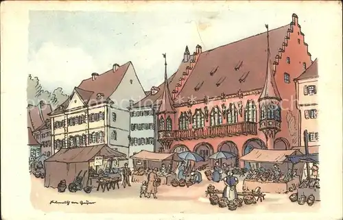 Freiburg Breisgau Kaufhaus Markt Kuenstlerkarte Originalzeichnung H. v. Geyer Kat. Freiburg im Breisgau