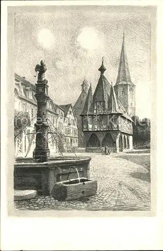Michelstadt Rathaus Kirche Brunnen Zeichnung Kat. Michelstadt