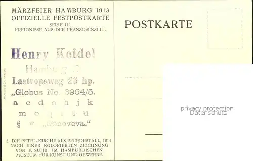 Hamburg Maerzfeier 1913 Offizielle Festpostkarte Serie III Ereignisse aus der Franzosenzeit Zeichnung P. Suhr Kat. Hamburg