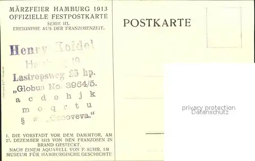 Hamburg Maerzfeier 1913 Offizielle Festpostkarte Serie III Ereignisse aus der Franzosenzeit Aquarell P. Suhr Kat. Hamburg