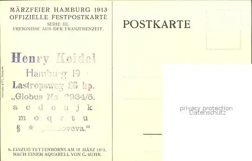 Hamburg Maerzfeier 1913 Offizielle Festpostkarte Serie III Ereignisse aus der Franzosenzeit Aquarell C. Suhr Kat. Hamburg