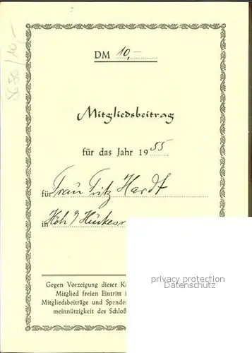Burg Wupper Schlossbauverein gegruendet 1887 Mitgliedskarte Kat. Solingen